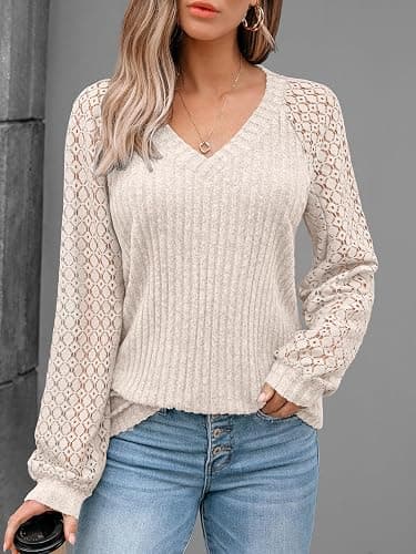 AUTOMET Women Long Sleeve Shirts Fall Lace Tops 2025 Fashion V Neck Winter Sweaters Dressy Casual Tunic Blouse Work Clothing thumbnail 2