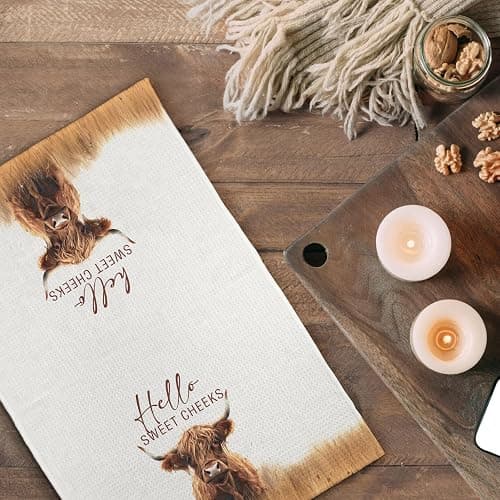 Qeheb Western Highland Cow Bathroom Decor Towels, Farmhouse Hello Sweet Cheeks Hand Towel Decorative Set, Christmas Bathroom Decor, Christmas Highland Cow Lover Gifts Hand Dish Tea Towels 16x24in thumbnail 6