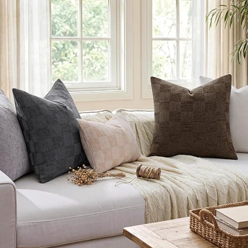 a moment Set of 2 Decorative Linen Throw Pillow Covers,Large Grid Textured Neutral Boho Farmhouse Cushion Covers,Soft Aesthetic Pillowcases for Couch Sofa Living Room Home Decor,20x12 Inch,Dark Brown thumbnail 7
