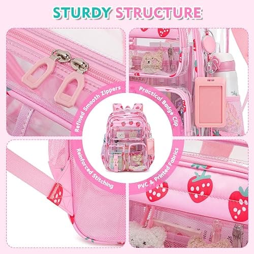 QIXIHU Clear Backpack for School,Transparent Backpack Stadium Events,Heavy Duty Clear Bookbag for Girls,Boys,Work,Sport Pink Strawberry thumbnail 7