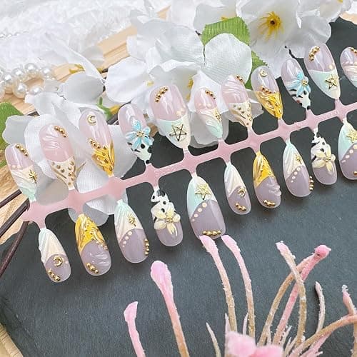30pcs French Tip Press on Nails Medium Almond Fake Nails with 3D Floral Gold Star Pearl Design Summer False Nails Flower Acrylic Nails Full Cover Glue on Nails for Women Nail Decorations thumbnail 3