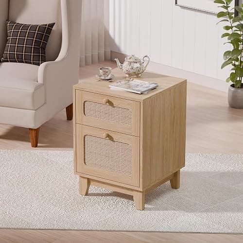 Modern Wicker Rattan Nightstand Set of 2, Rattan Stand with Drawer and Storage Space, Wooden Side End Table for Small Spaces, Natural Wood BedsideTable for Bedroom thumbnail 7