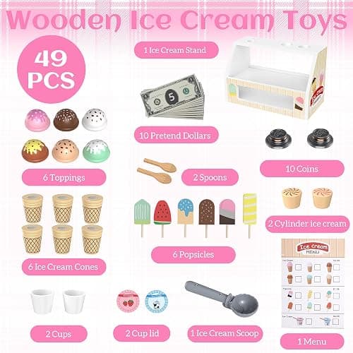 Wooden Ice Cream Set for Kids, 49 PCS Wooden Role Play Ice Cream Counter Shop Playset, Play Food Sets for Kids Kitchen, Pretend Play Toys, Imaginative Toys Gift for 3 4 5 Year Old Girls Boys thumbnail 2