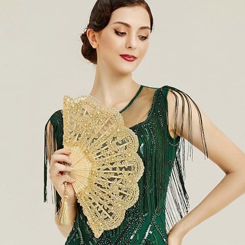 BABEYOND Lace Hand Fan Non-Foldable Vintage Bridal Handheld Fans with Rhinestone and Embroidered for Wedding Decoration Dancing Party (C-gold) thumbnail 3
