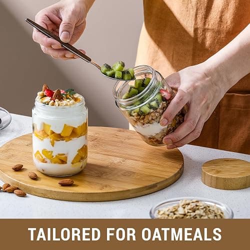 NETANY 4-pack 16oz Glass jars with Airtight Lids, Overnight Oats Containers with Bamboo Lids, Wide mouth Mason Salad jars, Glass Food Storage Containers for Snacks Yogurt Spice Sugar thumbnail 5