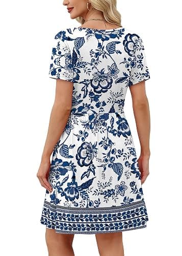 OFEEFAN Womens Summer Dresses 2025 Short Sleeve Square Neck Casual Sundresses with Pockets A-Line Color Block thumbnail 6
