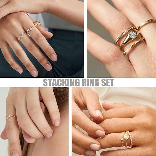 PLOMFOV 14K Silver Plate Stacking Rings Set for Women V Opal Flower CZ Rings Simple Thumb Thin Stackable Rings Silver Statement Rings Plain Band Size 4-11 thumbnail 5