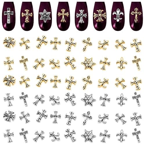 Silver and Gold Cross Nail Charms – 240 Pcs Cross Charms for Nails Crafted from Acrylic & Alloy, Long-Lasting Metallic Shine – Easy-to-Use Nail Decorations for Home, Salon & Holiday Manicure Ideas - Image 1