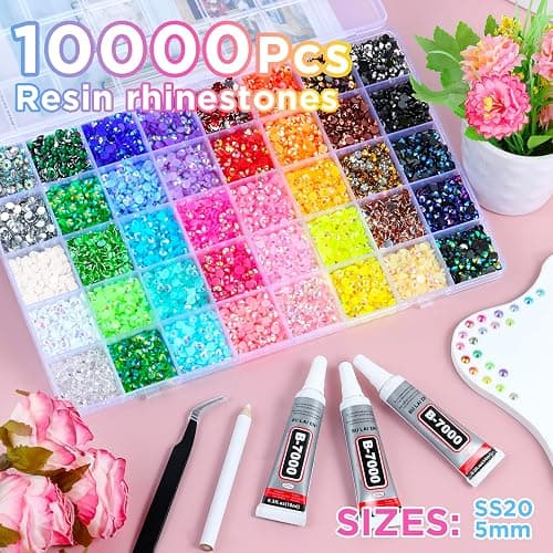 Zefy 40 Colors Resin Jelly Rhinestones for Bedazzling, 5mm 10000 Pcs Flatback Gems for Crafting, Bedazzling Kit with 3Pcs B7000 Glue for Clothing Shoes Nail Book Diamond Art thumbnail 3