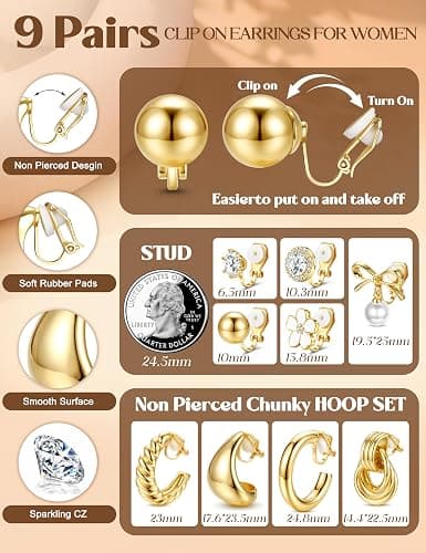 LOLIAS Clip On Earrings for Women 14K Gold Plated Clip Earrings Non Pierced Ears Clips CZ Pearl Knot Twist Chunky Hoop and Studs Earring Set Hypoallergenic Fake Earings Jewelry thumbnail 5