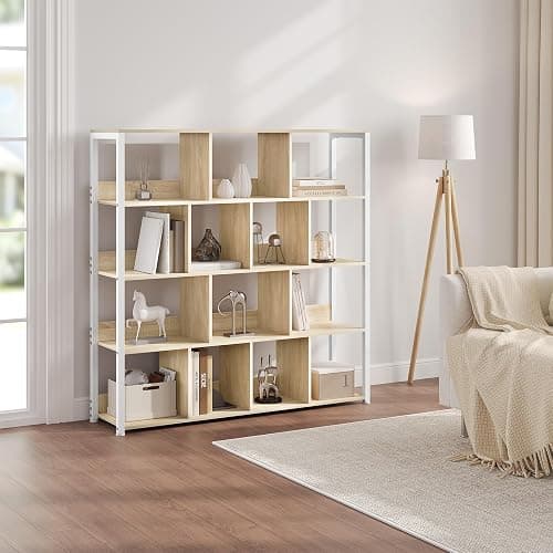 eSituro Scaffale per Libri, Scaffale con 14 Cubi in 4 Livelli, Unità di Stoccaggio Moderna per Soggiorno/Camera da Letto/Ufficio, Legno Ingegnerizzato, Effetto Rovere Chiaro+Bianco, 120x30x120cm thumbnail 5