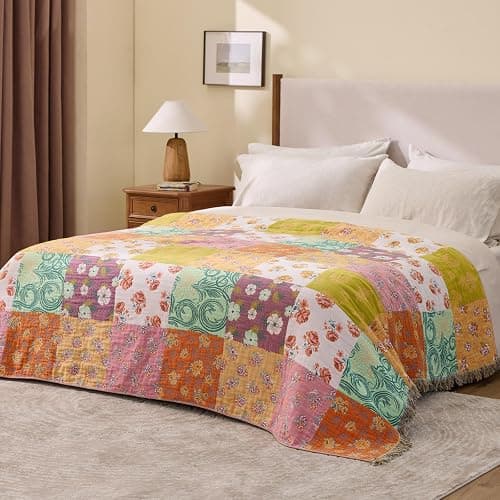 RILIHO 100% Cotton Boho Throw Blanket for Home Decor – Classic Farmhouse Quilt Bedding, Muslin Blankets for Adults, Vintage Woven Decorative Blanket for Couch, Bed Layering Use, Patchwork, 50"x60" thumbnail 5
