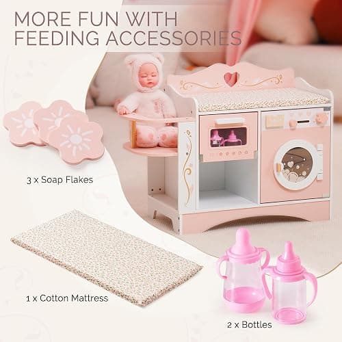 ROBOTIME Wooden 6-in-1 Baby Doll Changing Table with Baby Doll Crib, Washing Machine, Bottle Sterilizer, Storage Area, and Doll Seat, Ideal Role-Playing Toy for Kids 3+, Fits Dolls Up to 20 in, Pink thumbnail 4