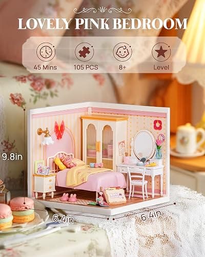 Rolife Super Creator Kits Pink Bedroom, Tiny House Building Blocks for Little Dolls, DIY Plastic Mini House Model Building Kits for Teens Aged 14+, DIY Crafts/Hobbies for Adults (Lovely Pink Bedroom) thumbnail 2