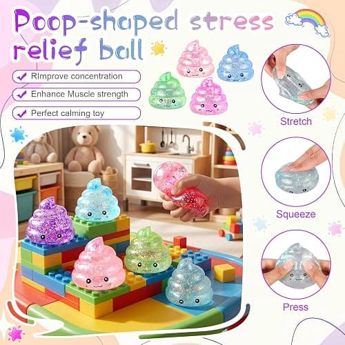 Meooeck 12 Pack Novelty Poop Stress Balls Maltose Glitter Poops Adult Stress Relief Balls Cute Sensory Fidget Funny Soft Squeeze Ball for Anxiety Autism ADHD Birthday Poop Party Favors Gift thumbnail 5