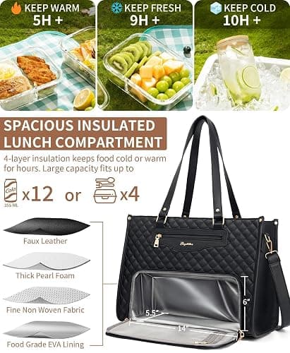 Bagstellar Lunch Tote Bag for Women, 15.6 Inch Laptop Work Bag with Insulated Lunch Box Compartment & Purse Large Capacity Quilted Computer Handbag for Office Business Work Nurse Teacher Travel Casual thumbnail 4