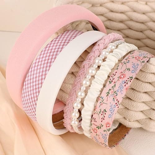 Drnytunk Women's Pearl Floral Padded Wide Bandana Headbands, Vintage Hair Accessories, Pink | Vintage Hair Accessories, Bandana Hair Bands, Comfortable Wide Fit, Everyday Hairstyles, Hair Styling Accessories thumbnail 3