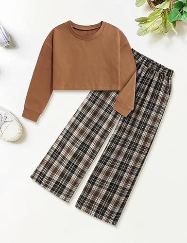 Gaupafmb Girls Clothes Solid Long Sleeve Tops Plaid Wide Leg Pants with Pockets Girls Outfits Size 6-14 thumbnail 8