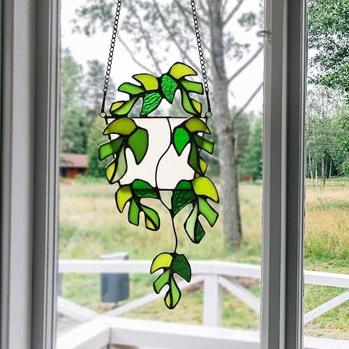 BOXCASA Stained Glass Window Hanging - Handmade Monstera Leaf Suncatcher for Plant Lovers,Plant Gifts for Women,Grandma,Mother's Day,Christmas thumbnail 5