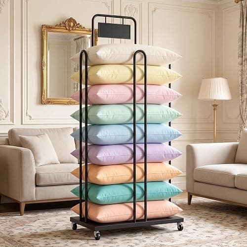 lukar Pillow Holder Rack, Rolling Pillow Storage Rack with Billboard Holder | Metal Pillow Display Stand, Commercial Throw Cushion Quilts Storage Organizer for Retail Store, Mall, Home, Hotels thumbnail 9