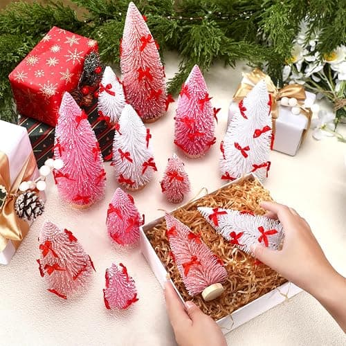 Soaoo 12 Pack Bottle Brush Christmas Trees with Bow 5 6 8 10 Inches Artificial Christmas Tree Decorations with Wood Base for Winter Snow Miniature Scene Tabletop Decor(White, Pink, Dark Pink) thumbnail 6