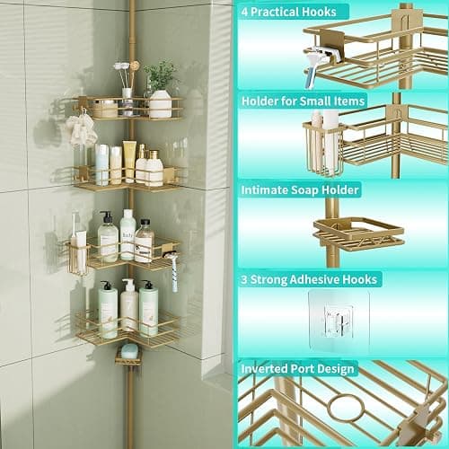 HapiRm Corner Shower Caddy Organizer - Shower Organizer Corner with Soap Holder, Toothbrush Holder and 4 Hooks, Rustproof Bathroom Shelf Tension Pole Available for 27.6 to 108.3 Inch - Gold thumbnail 3