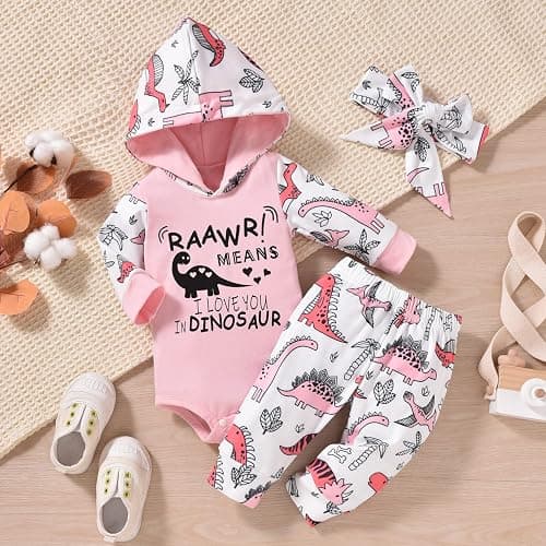MINIFEIKO Newborn Infant Baby Girl Dinosaur Outfit Long Sleeve Hoodie Romper Bodysuit and Pants with Headband Set thumbnail 2