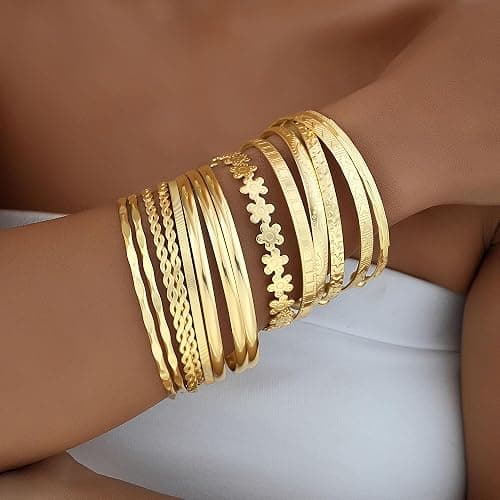 FAXHION Gold Bangle Bracelets for Women, 14 Pcs Multi Layer Stackable Bangle Set, 14K Gold Plated Textured Chunky Bracelets Boho Jewelrys Set thumbnail 6