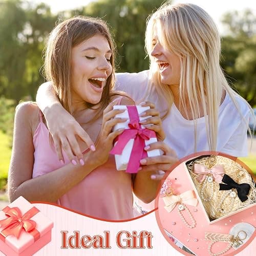 Neptniopllab Bow Keychain Pink Bow Charm Pearl Wristlet Keyring Keychain for Women Purse Bag Charm - Pink+balck-2pcs thumbnail 7