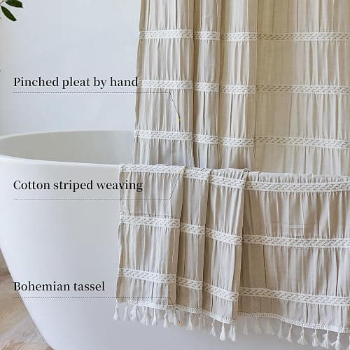 Siiluminisoy Cream Shower Curtain Fabric Rustic Shower Curtain Farmhouse Striped Cotton Blend Thick Boho Shower Curtains for Country Bathroom Decor, (Beige, 72 x 72) thumbnail 6