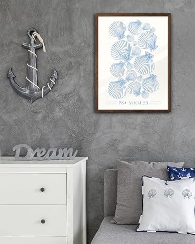 EcoHest Christian Bible Verse Framed Wall Art, 12x16 in Walnut Color OAK Wood Seashell Nautical Scripture Quote Canvas Wall Art, Psalm 104:25 Home Decor, Beige Logs 1Pack for Bedroom Living Room thumbnail 7