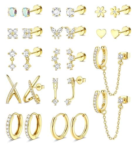 Besteel Hypoallergenic Flat Back Earrings for Women - 14K Gold Plated Cartilage Earring Stacks 20G Surgical Stainless Steel Flatback Stud Hoop Earring Set Conch Tragus Helix Piercing Jewelry - Image 1