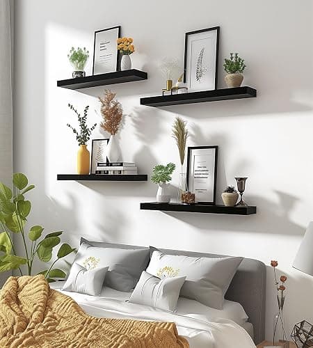 YYWUOJJ Wood Floating Shelves for Wall Decor, Rustic Wall Shelves for Bedroom Bathroom Kitchen Living Room, Set of 6 Black thumbnail 4