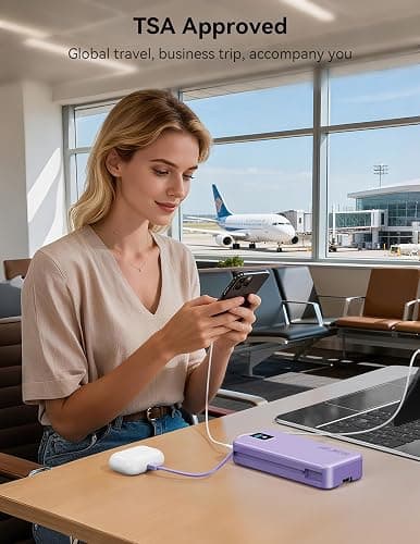 Rngsnoy Portable Charger 20000mAh 22.5W w/Built-in Cable & Wall Plug Purple | High capacity, Fast charging, Built-in cables & wall plug, LED display, Charge 5 devices at once, Pass through, TSA approved thumbnail 9