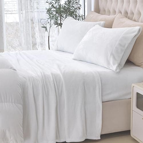 Elegant Comfort Luxuriously Soft 4-Piece Velvet Plush Flannel Sheet Set - Premium Quality - Cozy Warm, Anti-Static, Non Pilling Fuzzy Velvet Flannel Fleece Deep Pocket Sheet Set - Twin XL, White thumbnail 7