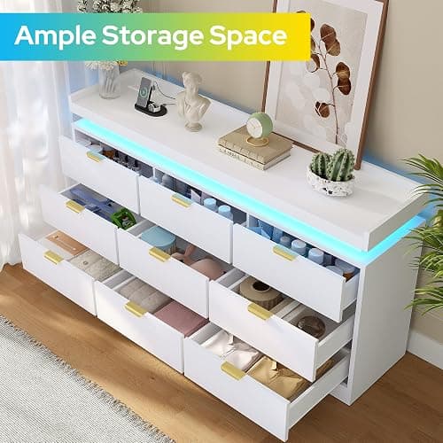knoworld 9 Drawer Dresser for Bedroom, White Dresser with LED Lights and Power Outlet, Large Wooden Dressers Modern Chest of Drawers, Triple Wide 9 Drawer Dressers for Bedroom, Entryway, Hallway thumbnail 3