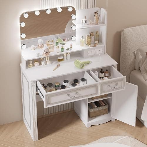 ⭐️Ylued Vanity Desk with Mirror and Lights Power Outlet, 39 inch Makeup Vanity with Charging Station, Mid-Century Modern Dressing Table with 2 Drawers for Bedroom, White thumbnail 6