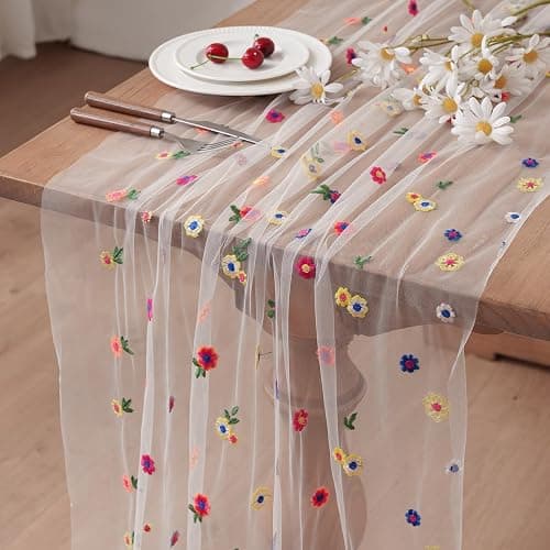 Lvory Embroidery Daisy Table Runner 10ft 120 Inch Fall Florals Gauze Tulle Cheesecloth Holiday Kitchen Dining Table Decoration for Home Wedding Party Baby Shower Birthday Decorations - Image 1