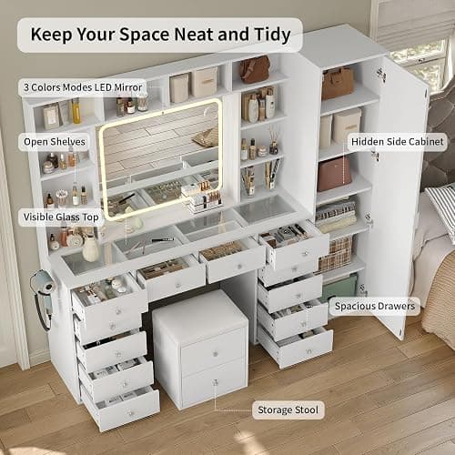 Yanosaku Vanity Desk Full Length Mirror & LED Mirror with Power Outlet, Makeup Vanity 14 Drawers & 10 Shelves, Hidden Storage Capacity, Dimmable & 3 Color Lighting Dressing Table for Bedroom, White thumbnail 4