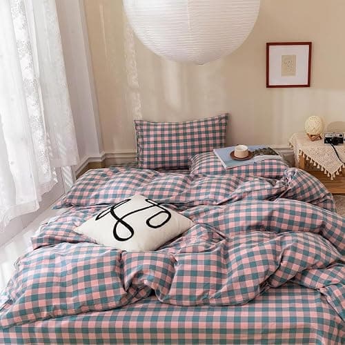 mixinni Plaid Comforter Set Twin XL - 3 Piece Soft Geometric Checkered Comforter with 2 Pillow Shams, Modern Gingham Pattern Bedding Set for All Season, Breathable & Soft Cozy (Pink, Purple, Blue) thumbnail 4