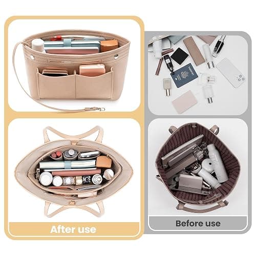 HyFanStr Taschenorganizer Filz Bag in Tasche Organizer, Innentaschen Handtaschen Organizer für Handtasche mit Griffen und Schlüsselkette, Bag Organizer Beige Groß thumbnail 3