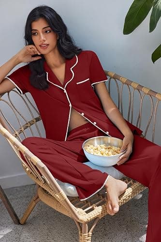 Ekouaer Pajamas for Women Set Button Up Soft Pjs Short Sleeve 2 Piece Lounge Sets Comfy Sleepwear thumbnail 4