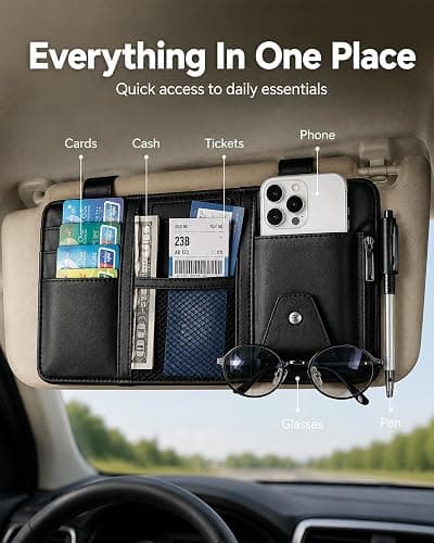 All‑in‑one Sun Visor Organizer Double Zippers Elastic Bands & Glasses Clip | Daily Driving for Cards, Money, Tickets, Leather Interior Accessories, Car Truck Suv Storage Pouch Holder(Black) thumbnail 6
