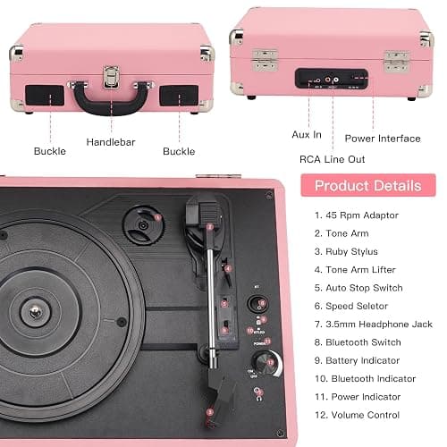 Jorlai Vinyl Record Player 3 Speed Turntable with Bluetooth, Built in Battery, Portable Suitcase, Built in Speakers, 3.5mm Headphone Jack Aux in/RCA Out Pink for Home Decoration Gift thumbnail 7