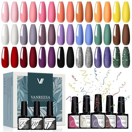 Gel Nail Polish Set, VANREESA 21 Classic Colours Pink Glitter White Wine Red Brown Gray Gel Polish Set Required Soak Off UV/LED Lamp Nail Varnish Kit for Women Beauty Gift - Image 1