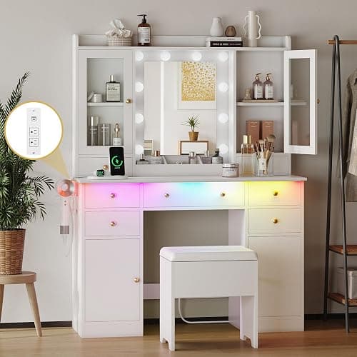 Makeup Vanity Desk with Mirror and Lights, White Vanity Table Set with Storage Drawers, Charging Station, Cabinets & Chair, Large Dressing Table with RGB Ambient Light for Women Girls Bedroom Bathroom - Image 1