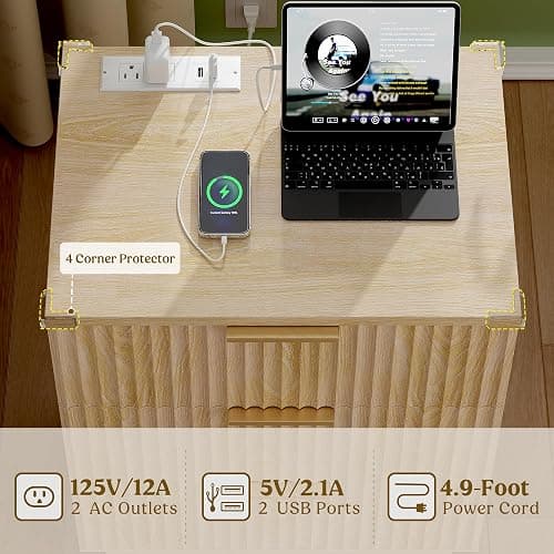 Lulive Wood 3 Drawers Dresser Fluted Night Stand with Charging Station, Storage Nightstand Modern Side Table, Bedside Table for Bedroom, Entryway Natural thumbnail 7