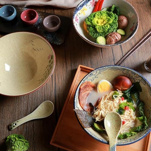 Ramen Schüssel Set 2 x 1200ml Keramik Ramen Bowl mit Essstäbchen und Löffeln,Japanisches Stil Porzellan Geschirr Suppenschüssel Groß Salatschüssel Pho Bowl,Mikrowelle & Spülmaschinenfest,Fisch thumbnail 7
