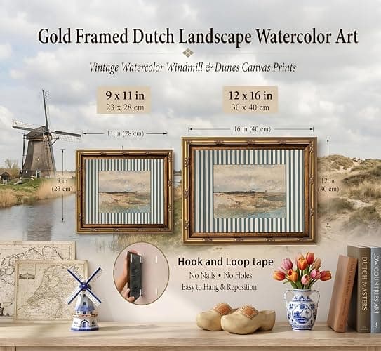 Vintage Gold Framed Beach Landscape Canvas Wall Art Blue Striped Mat Grass Lake Wall Decor Picture Rustic Scenery Painting Print Poster for Living Room Bedroom Bathroom Home Decoration thumbnail 3