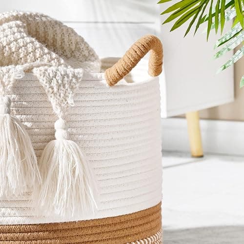 KAKAMAY Large Blanket Basket (20"x13"),Woven Baskets for storage Baby Laundry Hamper, Cotton Rope Blanket Basket for Living Room, Laundry, Nursery, Pillows, Baby Toy chest (White/Brown) thumbnail 5